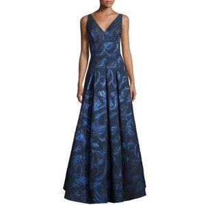 Aidan Mattox Sleeveless Pleated Metallic Brocade Gown, Navy/Multicolor